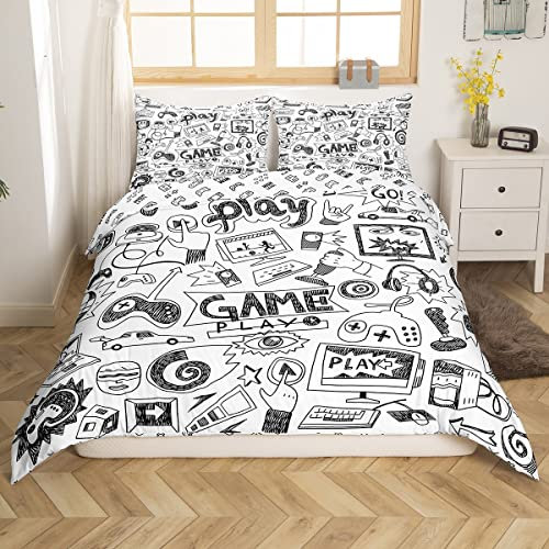 Spieler Trösterbezug-Set, Jungen Bettwäsche Gaming Bettbezug, Videospiele Spielzimmer Dekor,Weiche Reversible Hip Hop Graffiti-Bettwäsche-Sets Für Kinder Gamepad Cartoon-Rennwagen-Bettwäsche,155x220