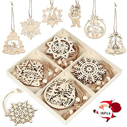 Weihnachtsdeko Anhänger 16 Stück, Holzanhänger für Christbaumschmuck, Weihnachtsbaum Deko, Ornamenten für Weihnachten Geschenke DIY Dekoration