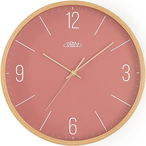 PRIM Holz-Wanduhr in schönen Farben, Helles Holz&Rot, Quarz-Uhrwerk Sweep, Glas, Holz, Ø 305x40 mm, Modern Style Wand-Deko Naturmaterial, für Wohnzimmer, Schlafzimmer, Büro, Küche, jeden Raum