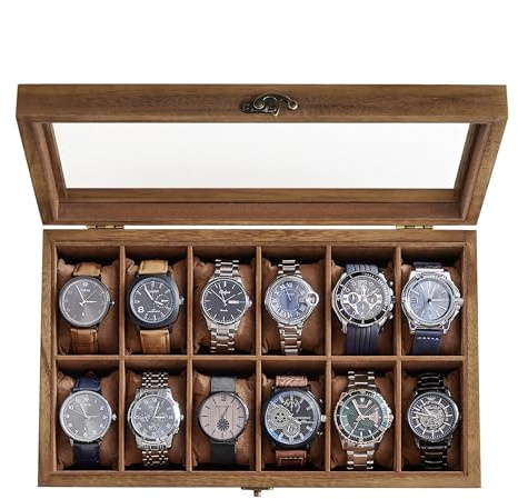 SONGMICS 12-Slot Watch Box, Watch Display Case with Large Glass Lid, Removable Pillows, Velvet Lining, Gift Idea, Rustic Walnut UJOW120K01