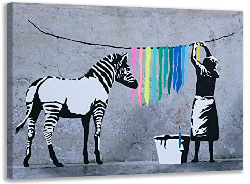 Banksy Leinwand Bilder Zebra Bunt Grau Wandbilder Pop Art (30x40 cm)