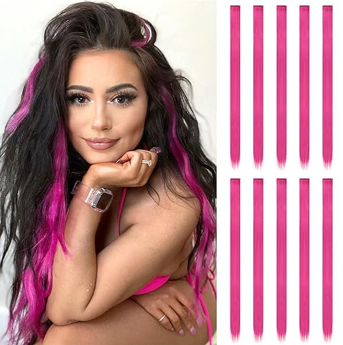 FESHFEN Extension de Cheveux Colorés, Couleur Rose Pink Extensions de Cheveux 10 PCS Naturel Synthétique colorés Postiche Cheveux Long Raides Extensions de Cheveux pour Femmes 55 cm