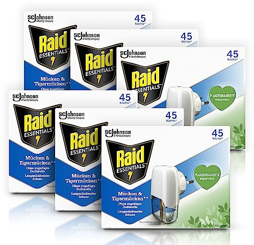 Raid Essentials Mücken-Stecker 45 Nächte, Elektrischer Insekten-Schutz vor Mücken & Tigermücken, 6er Pack (6 x 32 ml)