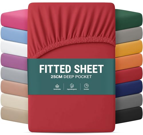 Yorkshire Bedding Fitted Sheets Super King Size 25 CM Red Bed sheets with Elastic Corners Easy Care Soft Brushed Microfiber Fabric Breathable Shrinkage Fade-Resistant Bedsheets