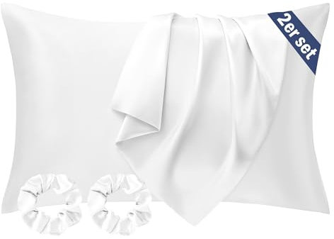 Seiwohl Satin Kissenbezug 40 x 80 2er Set, Weich wie Seidenkissenbezug Silk Pillowcase, Vegane Seide Kopfkissenbezug Kissenhülle Seidenkopfkissen für Haar und Haut mit 2 Haargummis, Weiß
