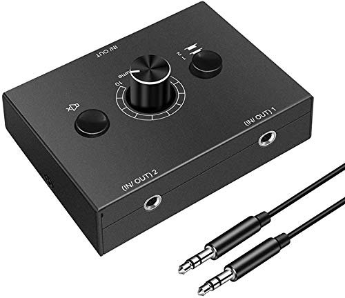 Cookwowe Commutateur Audio Jack de 3,5 mm, 2 entrées, 1 sortie1 entrée 2 sorties, Commutateur Répartiteur Audio, Bouton Muet à une Touche