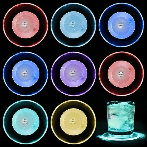 Infreecs 8er Set Led Untersetzer, Leuchtuntersetzer mit 7 Lichtmodi für Gläser, 10cm Bunt Acryl Rund, Wasserdicht Taste Getränke Untersetzer Set für Partys Hochzeiten Bar Weihnachten