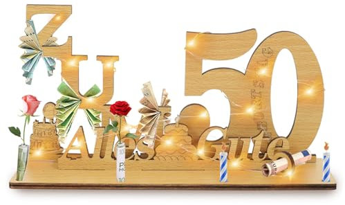 Geschenke zum 50 Geburtstag Frau Mann,Geldgeschenke Geburtstag 50 Alles Gute zum mit LED Lichterkette Ständer,Holz 50.Geburtstag Deko,Coole Geschenkideen zum 50. Geburtstag Tischdeko.