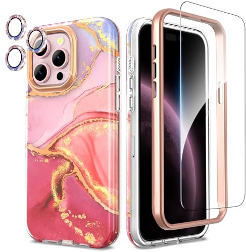 SHEDEER for iPhone 15 Pro Max Case with Screen Protector + Bumper & Camera Protector, TPU Shockproof 360° Protection, 15 Pro Max Cases Glossy Fade-Resistant Pattern Phone Case 15 Pro Max, Pink