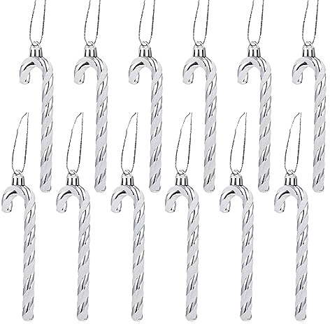 12pcs Christmas Plastic Candy Cane Ornaments Candy Canes Decorations Christmas Tree Hanging Decorations for Xmas Crafts Indoor Outdoor Decor (Silver)
