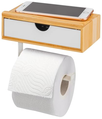 eluno Toilettenpapierhalter, 3in1-Funktion, Feuchttücherbox, Ablage, Bambus/Metall (Weiß)
