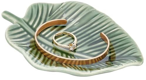 Soulnioi Jewelry Tray, Ceramic Leaf Shape Trinket Dish, Decorative Ring Holder Dish, Entryway Storage Tray Home Decoration for Christmas Women Gift - Green Leaf