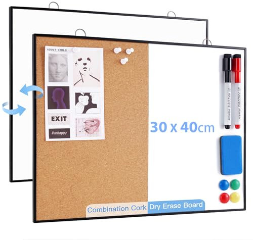 Korktafel Whiteboard Kombination, 30X40cm Kleine Pinnwand für die Wand, Doppelseitiges Magnetisches Trockenabwisch-Korkboard, Vision-Whiteboard mit 2 Markern, 1 Radiergummi, 4 Pinnnadeln