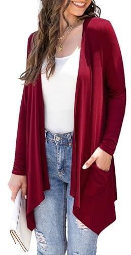 Wiwclo Plus Size Cardigan for Women Dressy for Dress Fall Long Light Cardigans with Pockets Spring Casual Relaxed Fit Knit Duster Irregular Hem,Wine Red,3XL