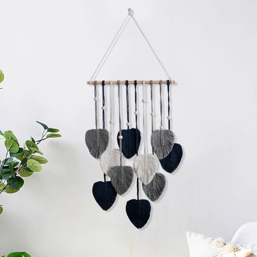 HNLMZ Makramee Wandbehang Handgemachte Boho Wanddeko Wandteppich,Gewebte Makramee Wandteppich mit Holzperlen und Blätter für Wohnzimmer, Schlafzimmer, Hochzeit, Urlaubsdekorationf(Grau)
