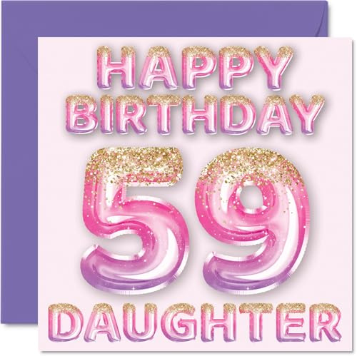 59th Birthday Card for Daughter, Pink & Purple Glitter Balloons | Happy Birthday Cards for 59 Year Old Daughter from Mum or Dad Parents, 145mm Bday Greeting Cards Gift