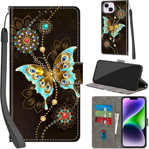 Haninsuze Case for iPhone 14 Plus 6.7-Inch, Green Butterfly | PU Leather, 3 Card Holder, Wallet Book Flip, Folio Stand View, Magnetic, Multi-Pattern Cover, Lanyard Strap
