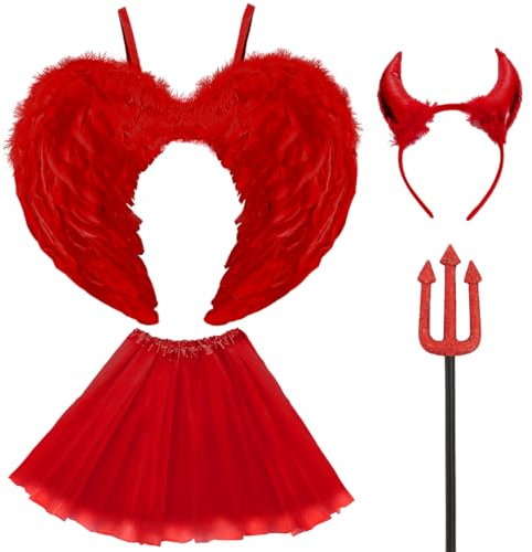 WILDPARTY Engel Teufel Kostüm Damen Rot, Tutu-Rock, Teufel shörner und Dreizack, Teufelsflügel Deko, Engel Flügel, Feen Flügel Halloween Kostüme Karneval Party Cosplay Erwachsenes