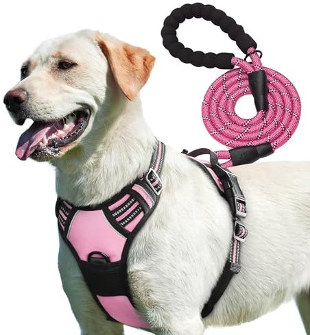 PetBuds Adjustable No Pull Dog Harness with Free 5ft Leash, Breathable and Durable for All Breeds (Pink, Large)