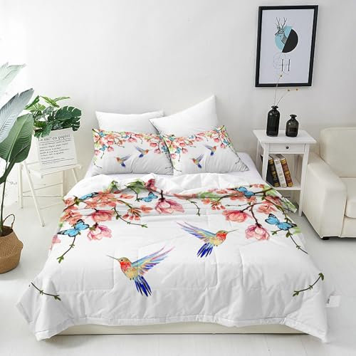 ANHOPE Floral Vogel Schmetterling Bettwäsche Set 3 Teilig Bettbezug 155x220 cm + 2 Kissenbezug 80x80 cm Weich Microfaser Bettbezüge Set mit Reißverschluss Ganzjahres Bettdeckenbezug Set