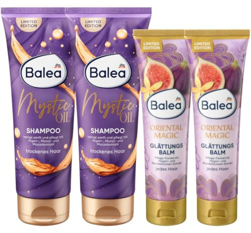 Balea 4er-Set Haarpflege: Haarshampoo MYSTIC OIL reinigt sanft, Shampoo pflegt mit Argan-, Monoi- & Macadamiaöl, sinnliches Dufterlebnis (2 x 250 ml) + Glättungsbalm ORIENTAL MAGIC (2 x 100 ml), 700ml