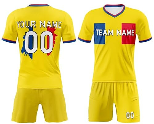 Rumänien-Fußball-Set, Vintage, gelb, Trainingsanzug, Sport, Freizeit, Herren, Damen, Kinder, V-Ausschnitt, Hemden und Shorts, benutzerdefiniertes Team-Namensschild, Sportbekleidung, Gelb, Rot, Blau,