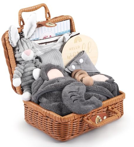 Newborn Gift Basket, Baby Gifts for Birth, 9in 1 Baby Gift Set Birth with Baby Blankets, Baby Triangle Scarf, Plush Toys, Greeting Cards, Birth Cards, Socks, Gift Boxes Baskets
