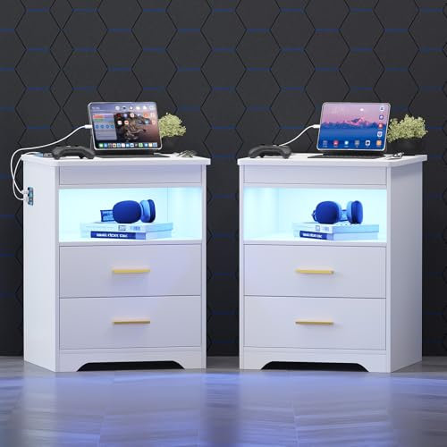 Gurexl LED Nachttisch 2er Set mit Ladefunktion, Nachtschrank mit 3 Licht Dimmbar, Abschließbare Schubladen Sideboard mit 3 Schubladen USB Type-C Weiß Wohnzimmer