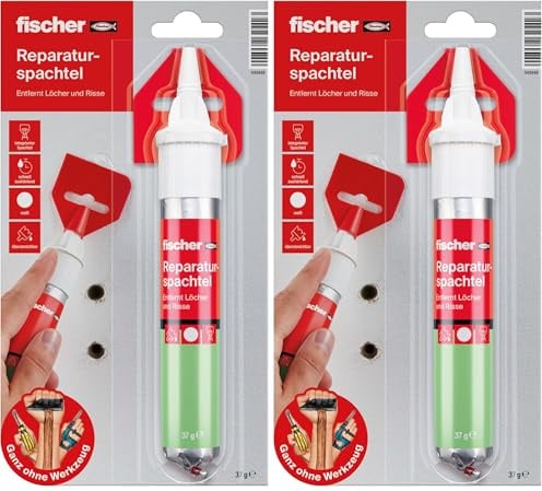 fischer Reparaturspachtel, fertige Spachtelmasse in Naturweiß, repariert Löcher & Risse, schwundfrei, geeignet für Holz, Beton, Putz, Mauerwerk uvm., 70 ml (37 g) (Packung mit 2)