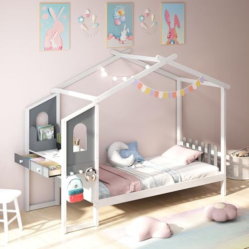 COSTWAY 90x200 cm Hausbett mit Rausfallschutz & Schreibtisch, Kinderbett mit Lattenrost, Schubladen und Haken, Jugendbett bis 150kg belastbar, Holzbett für Kinder, weiß