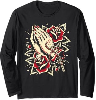 Rosenkranz mit betenden Händen, traditionelles Tattoo-Design Langarmshirt
