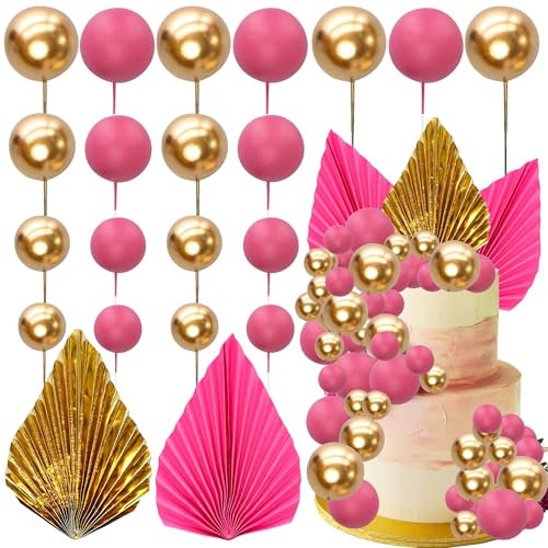 Ephlyn 28Pcs Paper Palm Fan Cake Topper Balls Cake Pick Decoration for Baby Shower Wedding Bridal Shower Birthday Anniversary Party DIY Cake Decorations Supplies Gold Rose Red