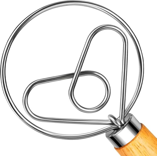 Danish Dough Whisk Stainless Steel Dough Hook Dutch Whisk for Sourdough Bread Dough Mixer Hand Wooden Handle Kitchen Whisking Mixing Tool Bread Making Tools and Supplies (cordate)