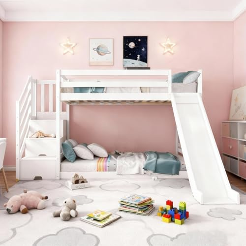 KUIKUI Bunk Bed with Slide and Stairs, Twin over Twin Kids Bunk Bed with Storage, Solid Wood Bed Frame with 3 Drawers, 90x190cm, White