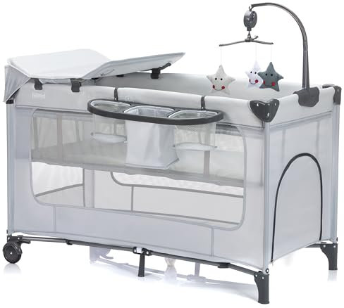 Fillikid Reisebett Capri – Baby Reisebett mit Rollen, höhenverstellbar | inkl. Mobile, Wickelauflage & Einstieg | Faltbares Bett für Babys & Kleinkinder (Grau)