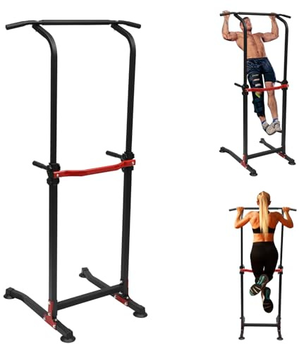 DHQCQL Klimmzugturm Klimmzugstange Outdoor, Multifunktionale Verstellbar Klimmzug Dip Station, max. 150kg, Liegestützgriffe Höhe 165-210 CM, Freistehend Fitnessgeräte für Zuhause