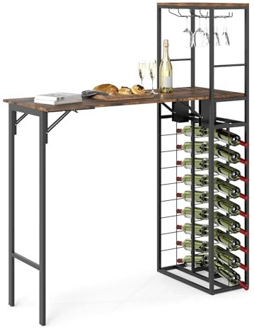 COSTWAY Bar Table with Foldable Tabletop, Tall Kitchen Table with 18 Bottle Holders, Glass Racks and 2 Storage Shelves, Metal Breakfast Counter Dining Table for Home Pub