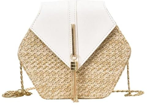 AAIXXIZAO Sac De Plage en Paille Sac À Main Femmes Sac en Rotin Fait À La Main Tissé Plage Cercle Bohême Sac À Bandoulière 21X6X19Cm Blanc