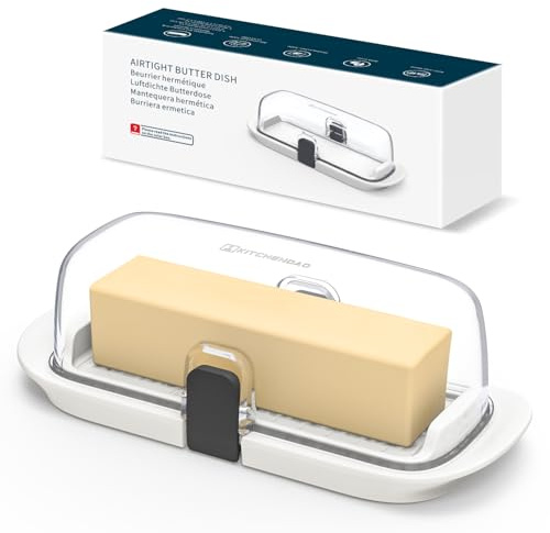 KITCHENDAO One-handed Airtight Butter Dish with Lid for Countertop and Refrigerator Door Shelf, Butter Holder with One Press to Open/Close Secure Latching Buckle for West/East Coast Butter (White)