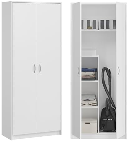 BDW - Besenschrank - Putzschrank, Haushaltsschrank - 74x35x180cm - Praktischer Mehrzweckschrank, Allzweckschrank für Besen, Staubsauger, Reinigungsmittel - Dino Weiß