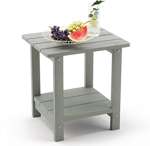 LUE BONA Garden Side Table, 2-Tier HDPS Outdoor Side Table, 73kg Heavy Duty Weather Resistant Small Coffee Table for Adirondack Chair, Patio, Balcony, Garden, Grey