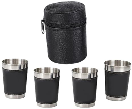 ifundom Verres à Liqueur Inox 70 Ml Lot de 4 Set de Gobelets Multifonctions Étui de Transport en Cuir Accessoire Camping Portable pour Whisky, Vin et Cocktails, Pratiques et Résistants