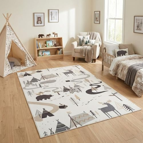 Carpetsale24 Kinderteppich Wald Tiere Spielteppich für Kinderzimmer in Creme mit Bär Hirsch und Zelt Motiv Größe 80x150 cm ideal für kleine Spielbereiche