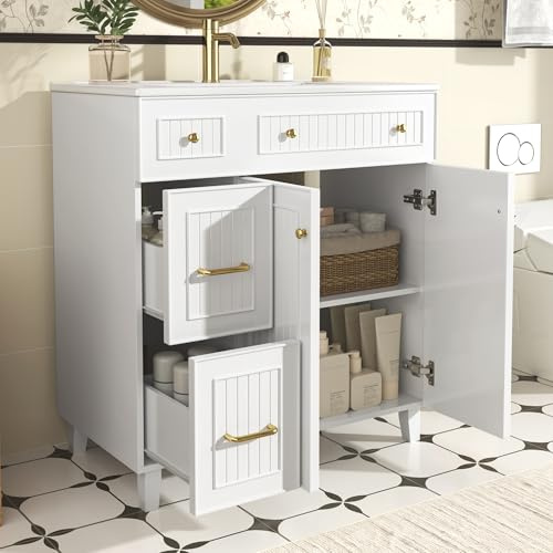 Waschbecken mit Unterschrank 81,7 cm – Stehender Waschtisch mit Keramikbecken, lackiertem MDF & Massivholzfüßen – Waschtischunterschrank weiß für Bad, Gäste-WC – Badmöbel Set mit viel Stauraum