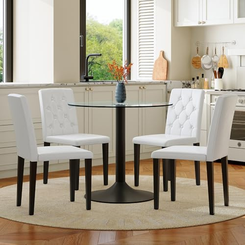 Juego de mesa redonda de cristal de 85 cm de diámetro con 4 sillas de comedor de poliuretano, respaldo con botones, moderno, minimalista para comedor, cocina, bar, cafetería