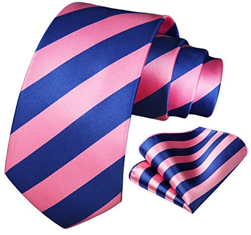 HISDERN Mariage raye Cravate Mouchoir La cravate des hommes & Carre de poche Set (Rose/bleu)