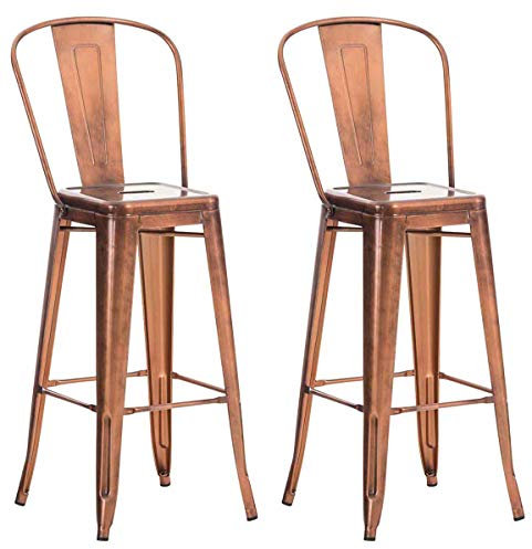 CLP 2er Set Metall Barhocker Aiden Mit Hoher Rückenlehne I 2 x Hocker Mit Fußstütze Und Bodenschonern, Farbe:kupfer