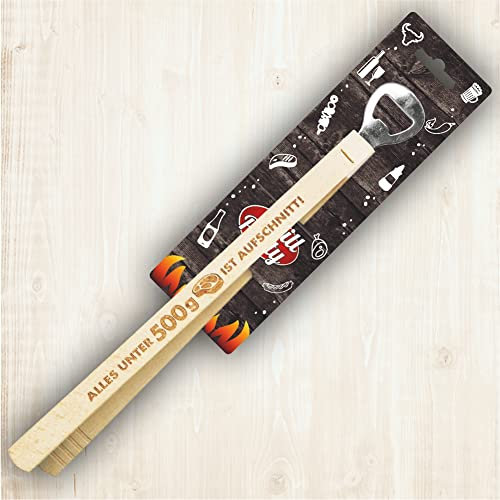 AV Andrea Verlag Grillzange mit Flaschenöffner - Alles unter 500 gr ist Aufschnitt - Echt Holz ca. 35 cm lustiger Spruch Motiv Gravur hochwertig gelasert das perfekte Männerwerkzeug Geschenkidee