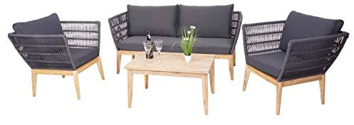 Mendler Gartengarnitur HWC-H55, Lounge-Set Sofa Sitzgruppe, Seilgeflecht Rope Holz Akazie Spun Poly MVG - Kissen dunkelgrau
