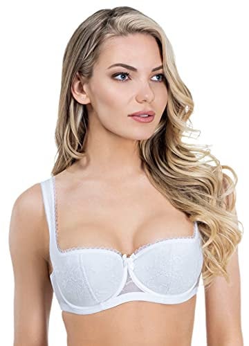Rosme Women's Balconette Bra with Push Up Effect – Plus Size Sexy Lace Demi Half Cup Bra – Lightly Padded Underwired Low Cut Mesh Design Eliza, White, Size 36F
